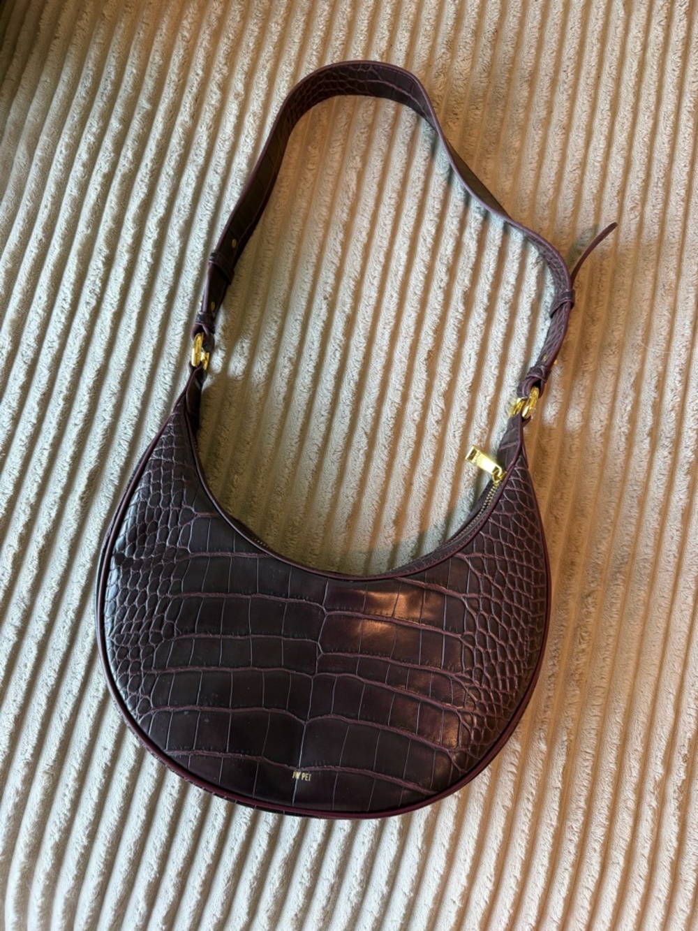 Crescent Croc-Embossed Shoulder Bag in Deep Plum JW PEI